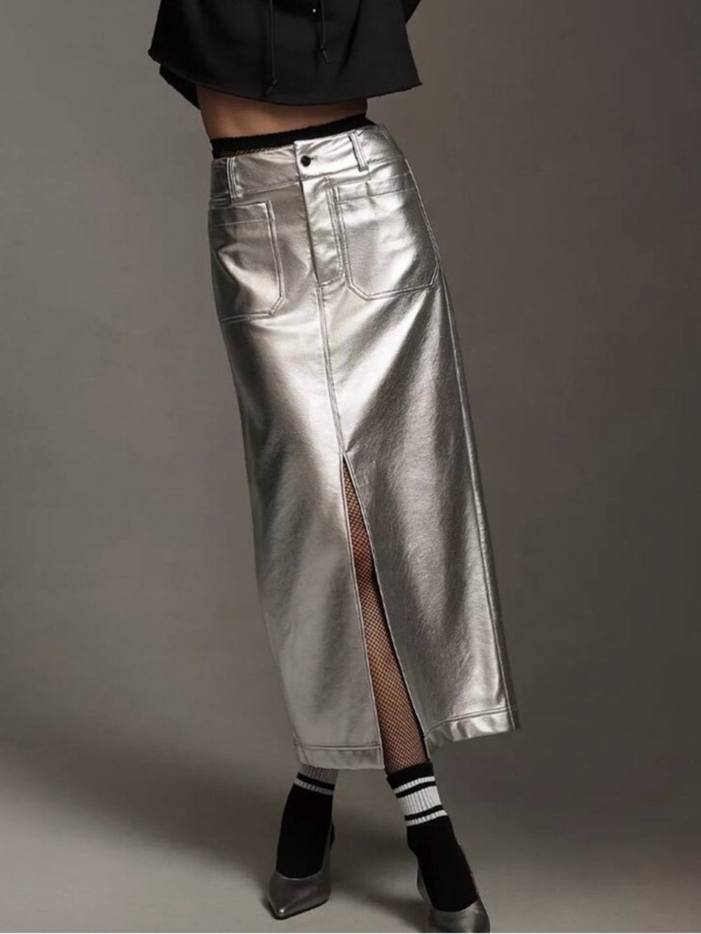 Anthropologie Metallic Silver Midi Skirt - High-Waist Pencil